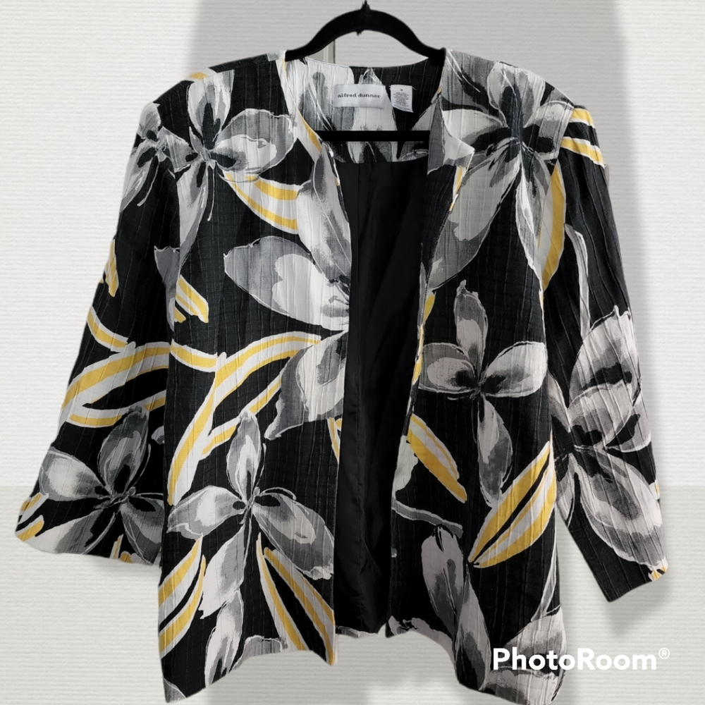 Alfred Dunner black gray yellow floral open front jacket, size 20